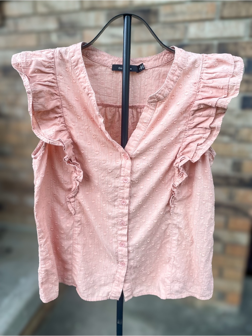 Doe & Rae Large Pink Swiss Dot Ruffle Sleeve Button Front Blouse